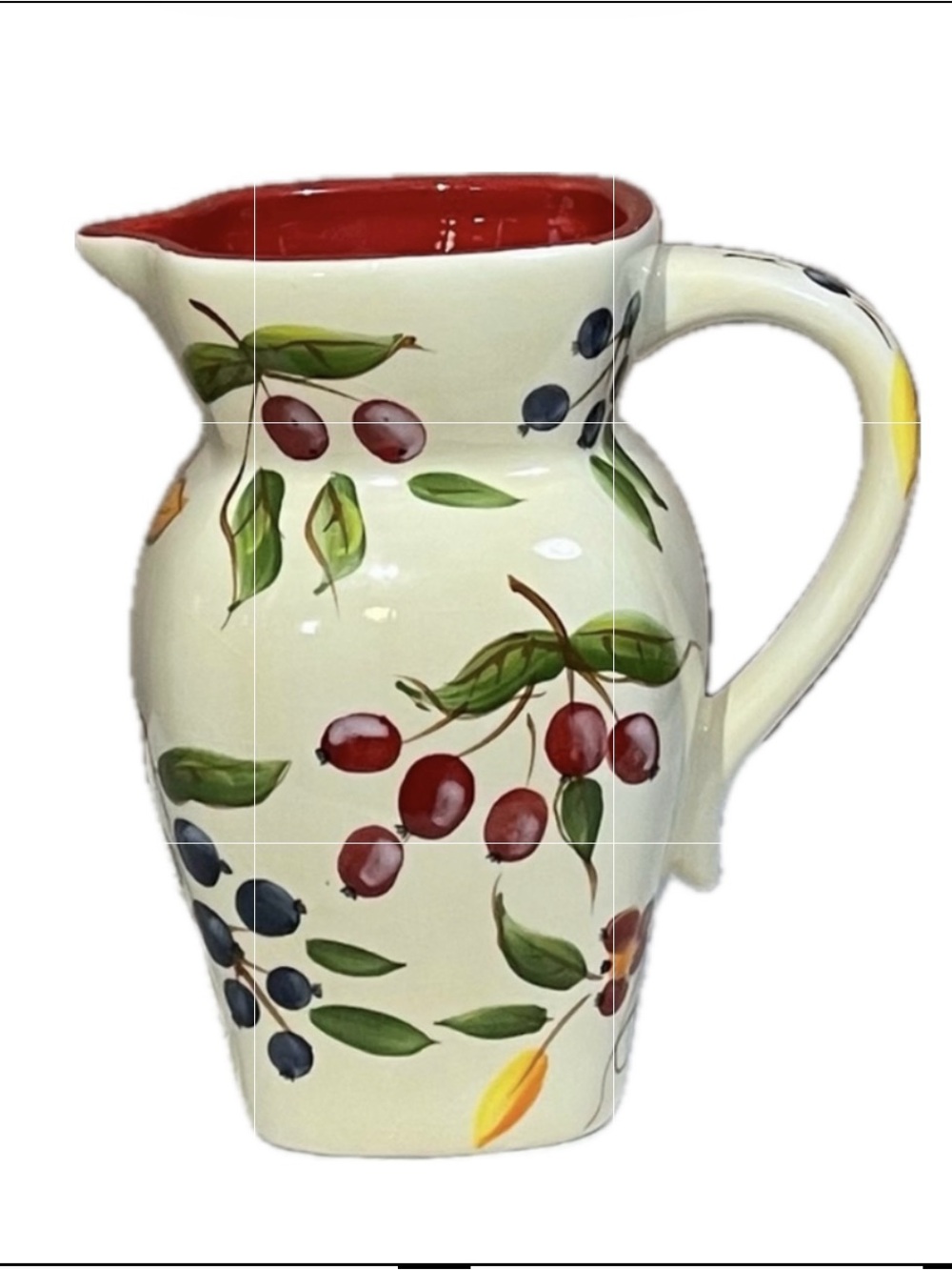 Vintage 1980s FTD Ceramic Pitcher Vase - Hand Painted Fruit Design 32oz EUC